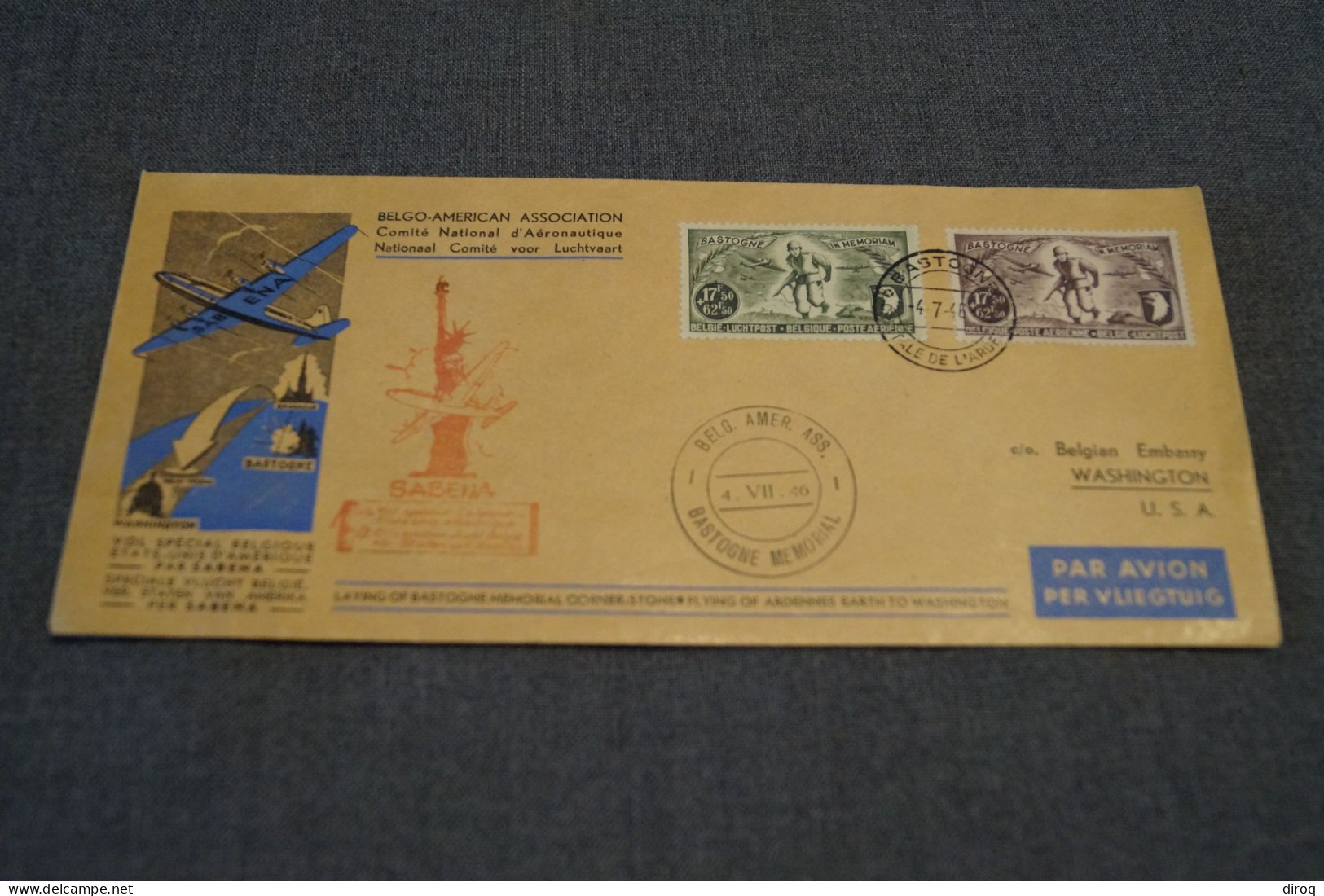 Superbe Envoi Par La Sabena,Belgique USA,vol Spécial Mémorial 1946,pour Collection - Storia Postale