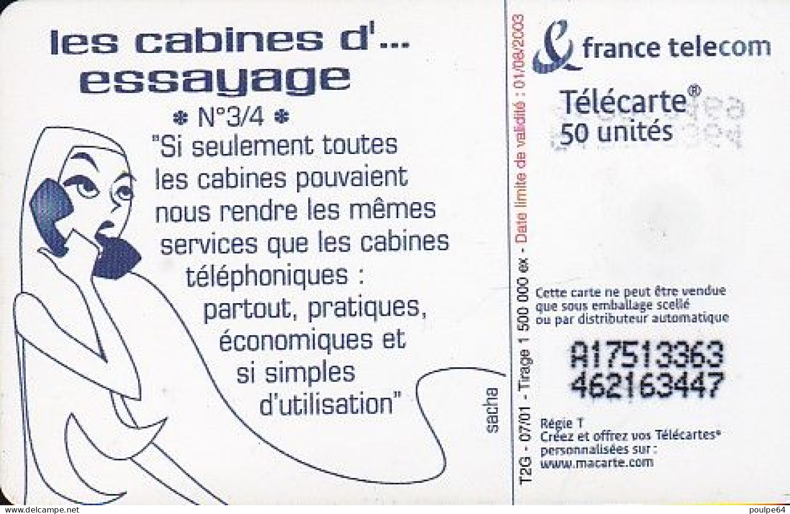 F1158  07/2001 - LES CABINES ESSAYAGE - 50 SO6 - (verso : N° Impacts Serrés - Deux Lignes Alignées) - 2001