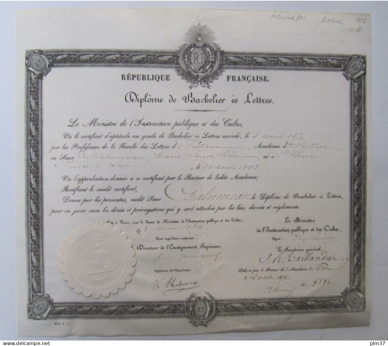 Académie De POITIERS, 1872 - Diplôme De Bachelier ès Lettres - Diplômes & Bulletins Scolaires