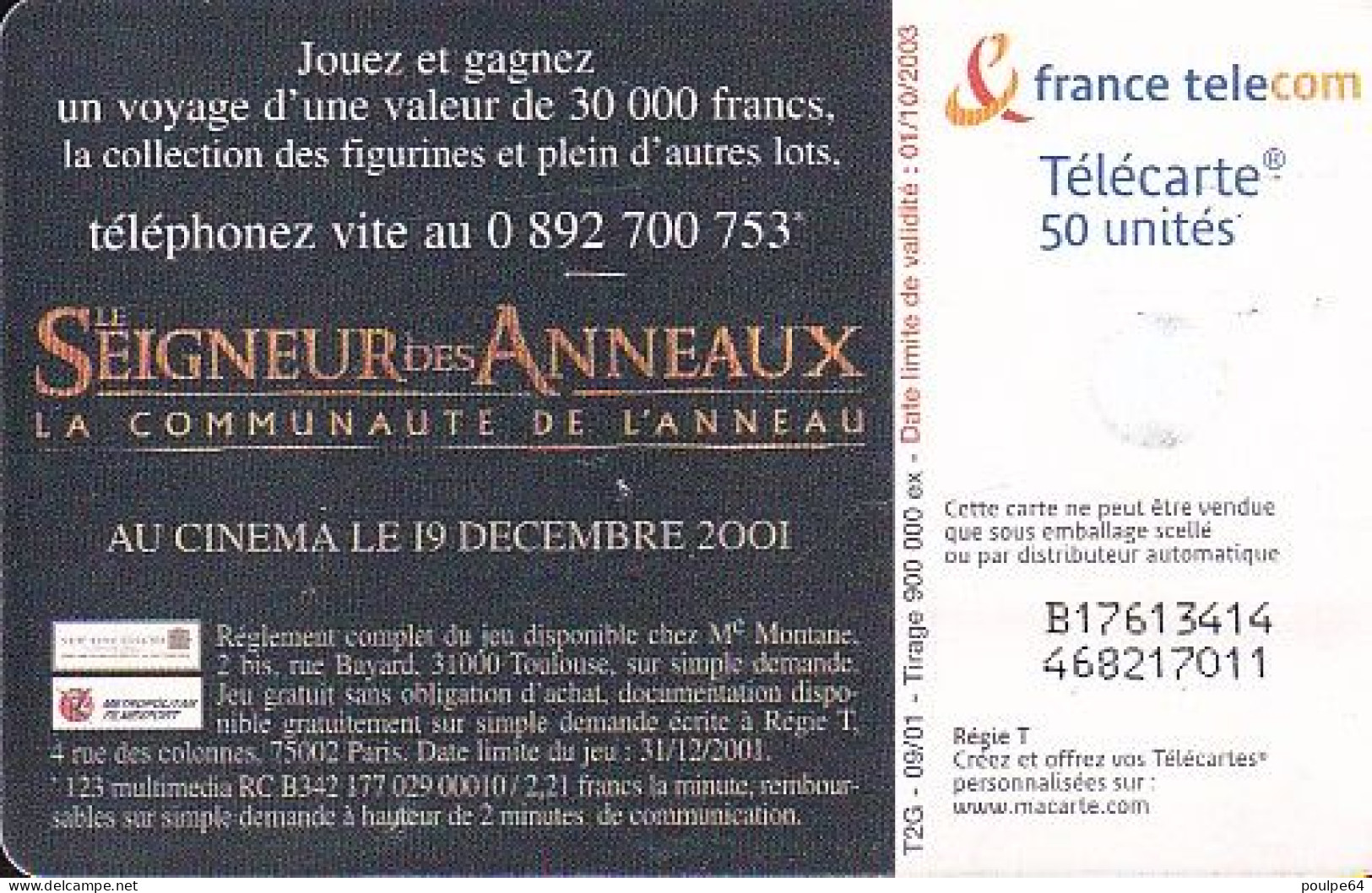 F1175  09/2001 - SEIGNEUR DES ANNEAUX " Yeux Fermés " - 50 GEM2 - 2001