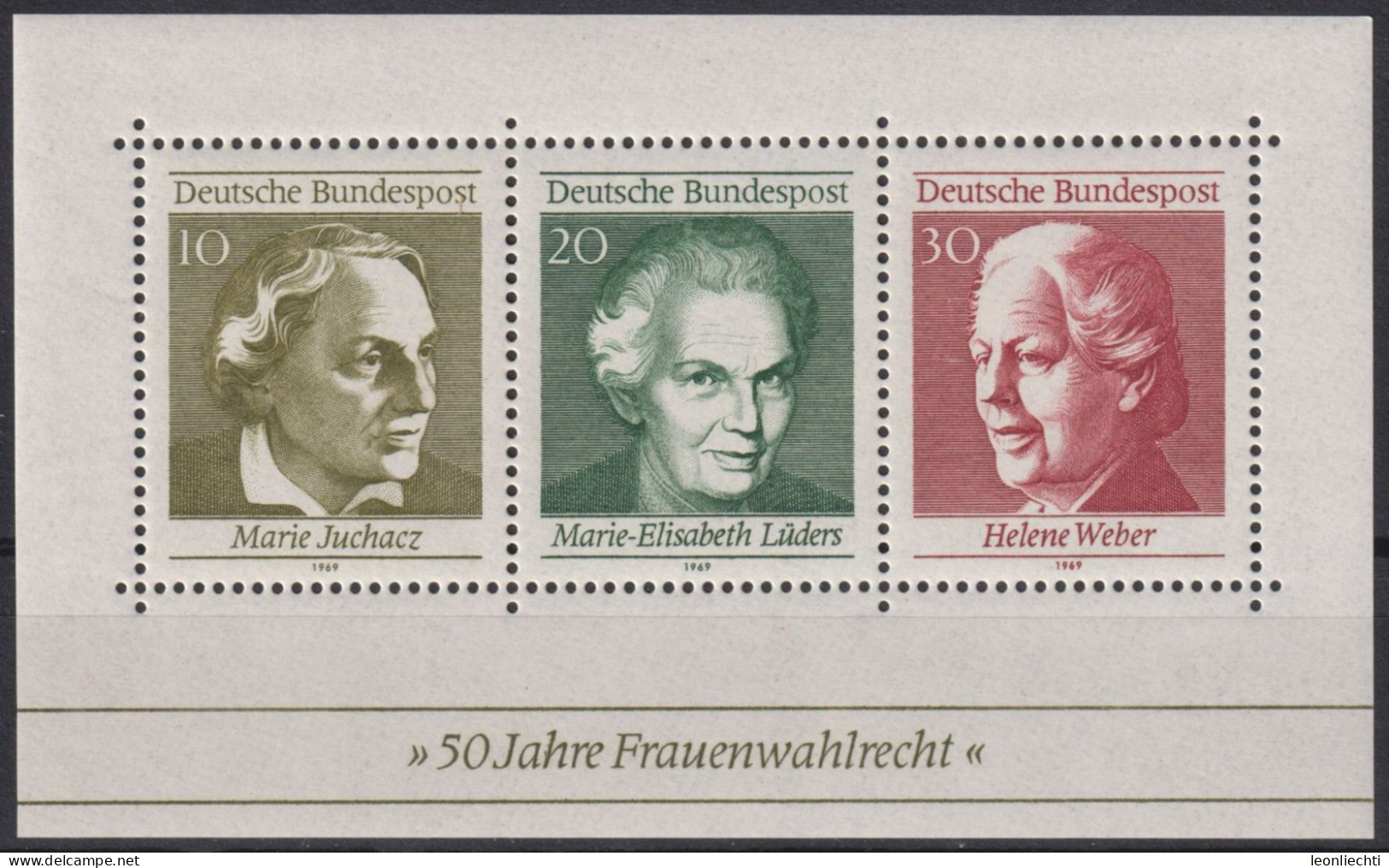 1969 Deutschland>BRD, ** Mi:DE BL5, Sn:DE 1007, Yt:DE BF4, 50 Jahre Frauenwahlrecht, Frau: Juchacz, Lüders, Weber - 1959-1980