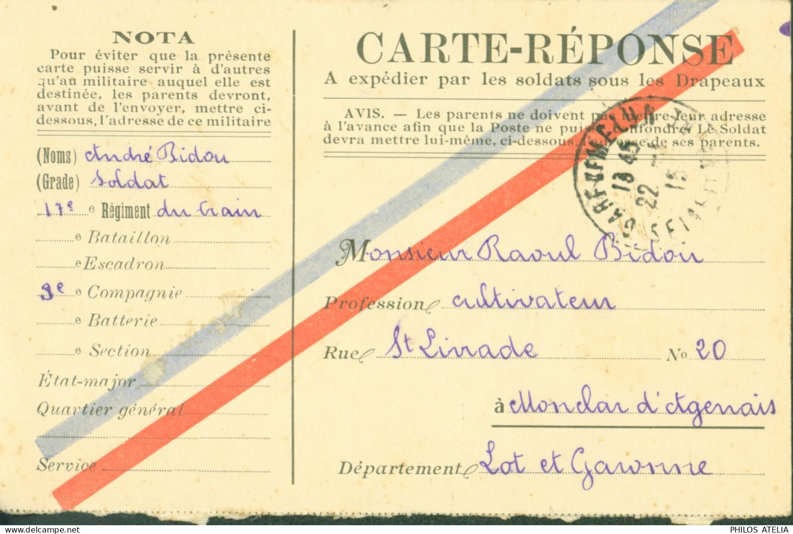 Guerre 14 Carte Réponse à Expédier Par Les Soldats Sous Ls Drapeaux Traits Bleu Blanc Rouge CAD Gare De Melun 22 1 15 FM - Guerra De 1914-18