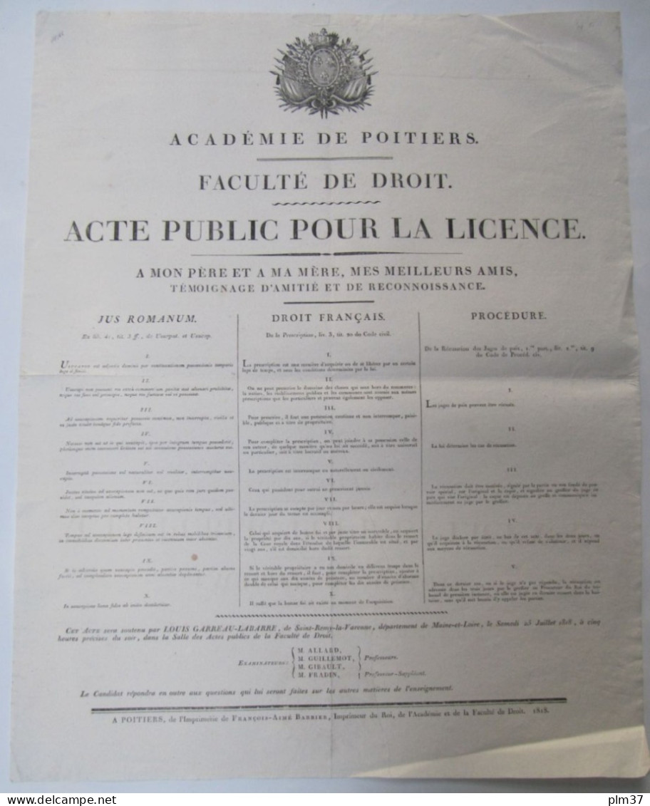 Académie De POITIERS , Faculté De DROIT, 1818 - Acte Public Pour La Licence - Diplômes & Bulletins Scolaires