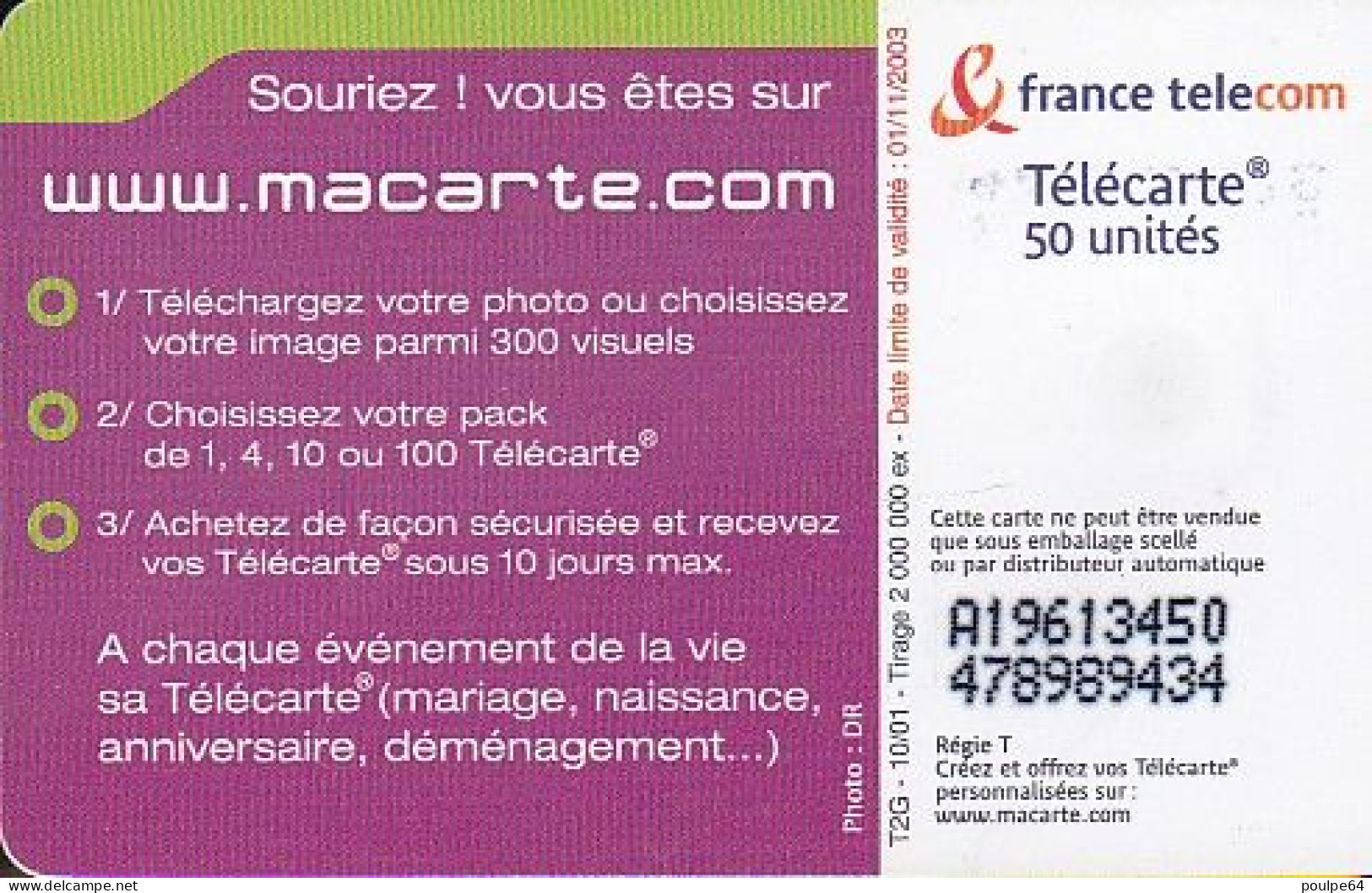 F1179A  10/2001 - MACARTE.COM " Auto-promo " - 50 SO3 - (verso : N° Deux Lignes Vers Le Gauche) - 2001