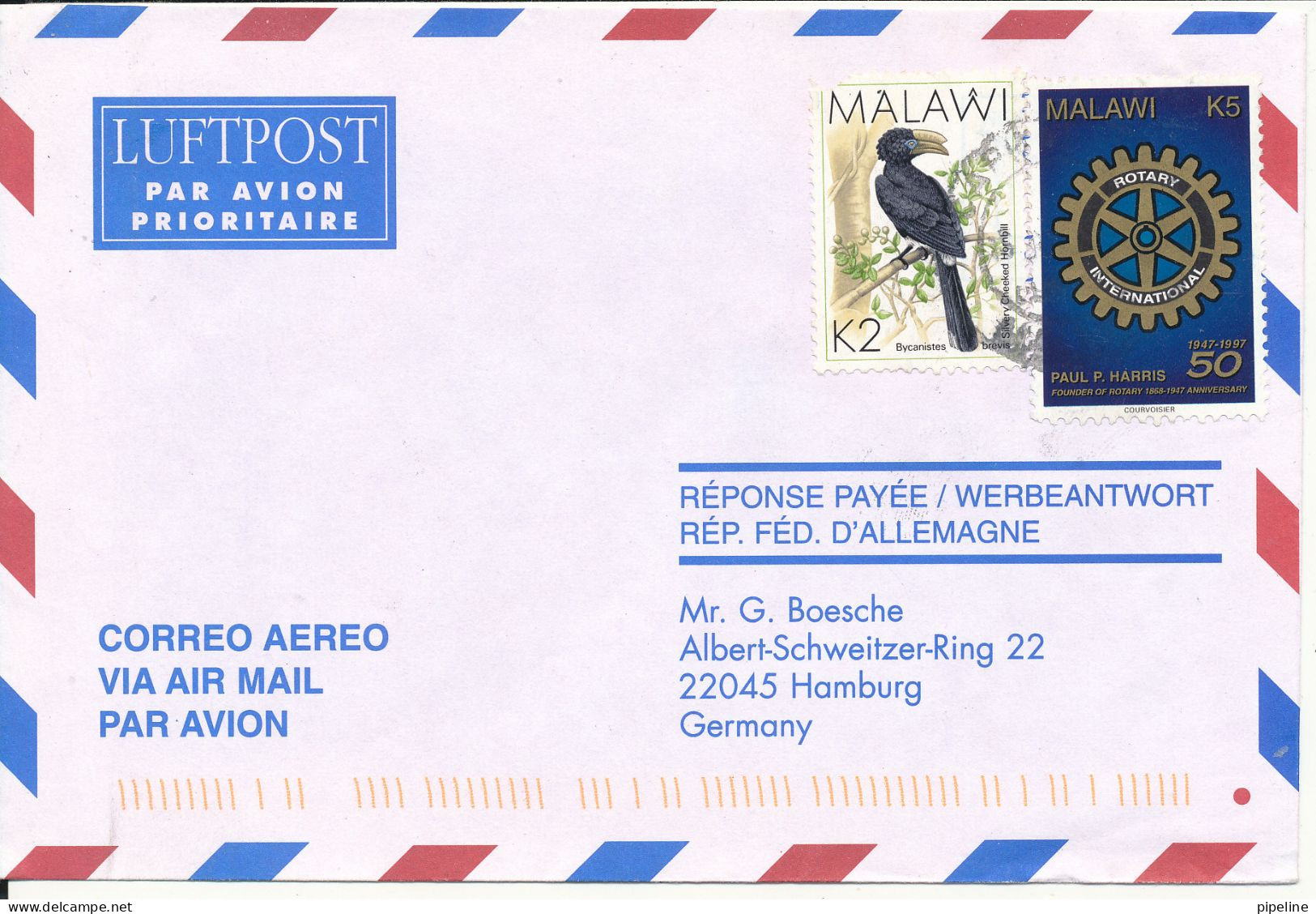 Malawi Air Mail Cover Sent To Germany BIRD & Rotary Stamp (BIRD Stamp Is Missing A Corner) - Malawi (1964-...)