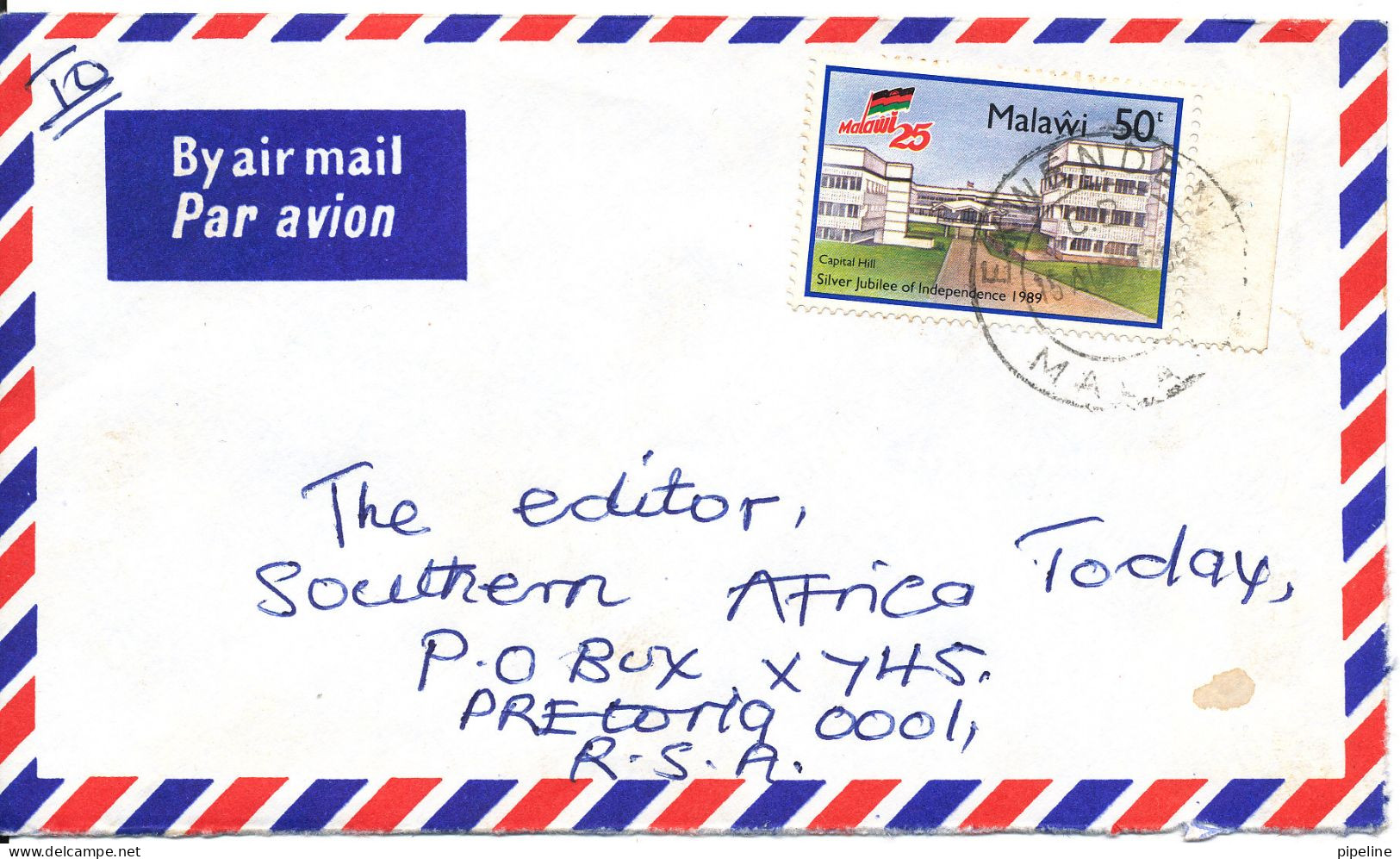 Malawi Air Mail Cover Sent To South Africa 15-8-1989 Single Franked - Malawi (1964-...)