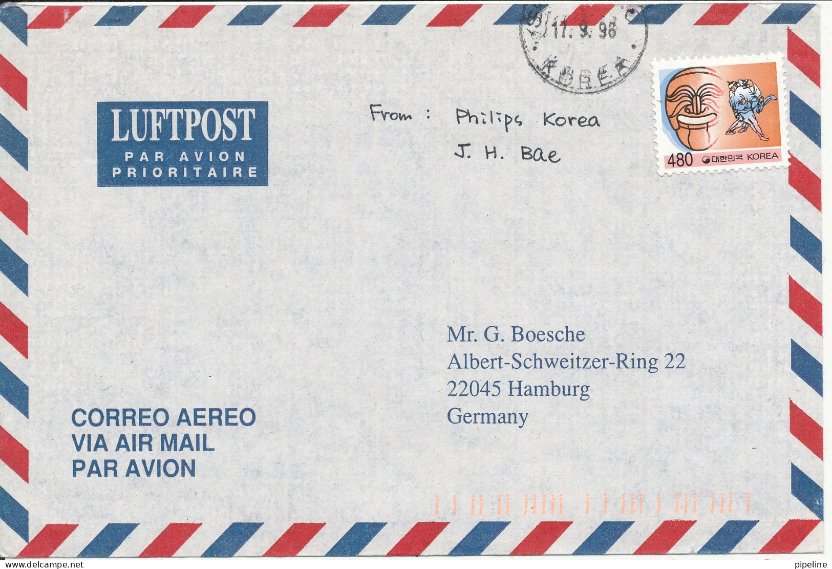 Korea South Air Mail Cover Sent To Germany 17-9-1996 Single Franked - Corée Du Sud