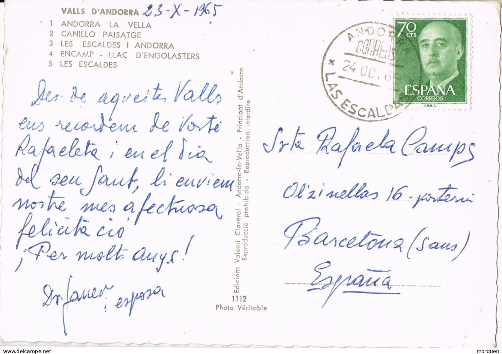 52799. Postal Las ESCALDES )Andorra Española) 1965. Franqueo Sello España. Vistas Varias - Lettres & Documents