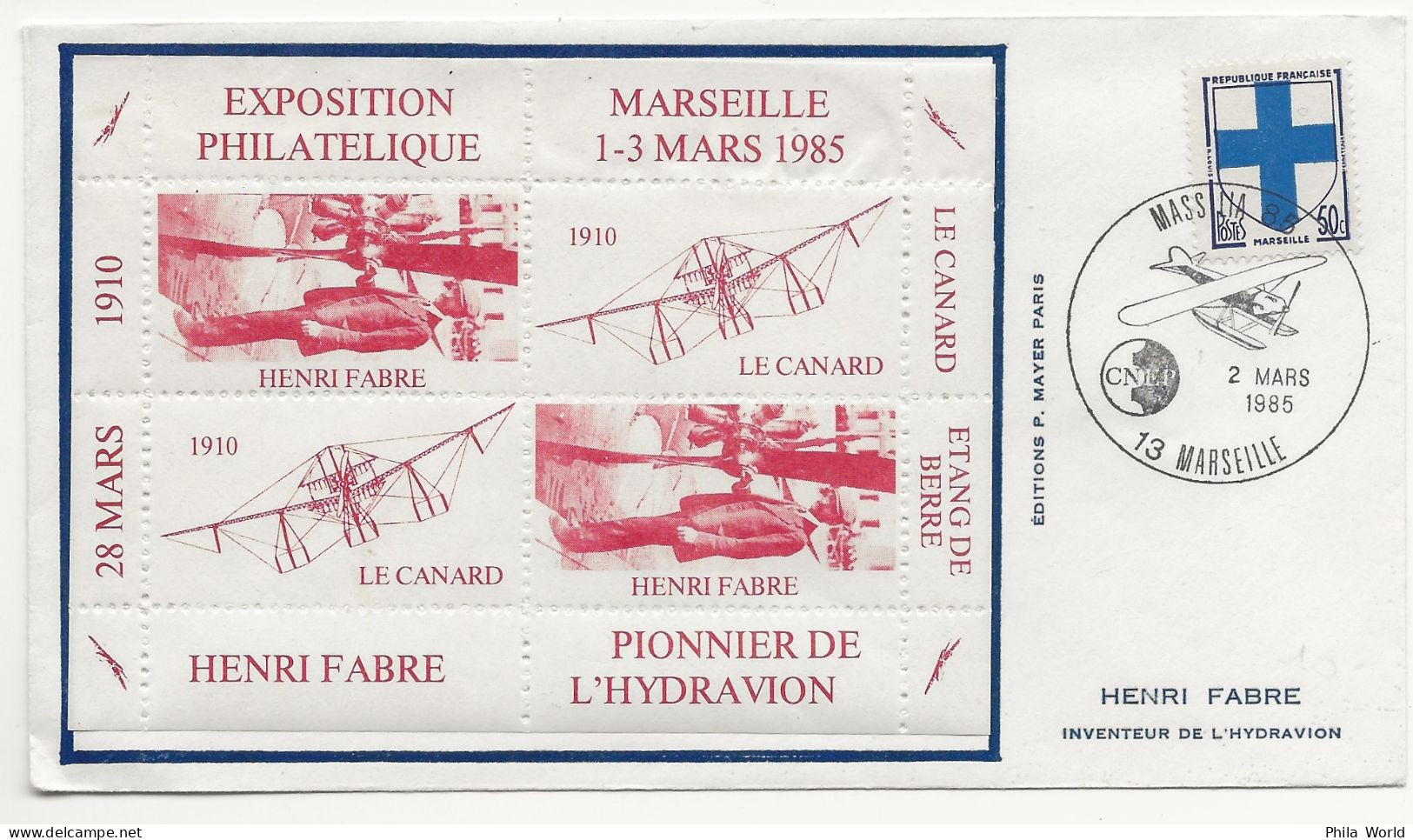 FRANCE 1985 Enveloppe Tàd Marseille HENRI FABRE Inventeur Hydravion Avec Bloc Canard Etang Berre Pionnier 1910 - Briefe U. Dokumente