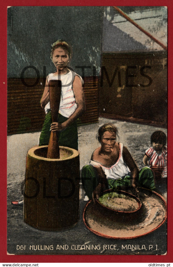 PHILIPPINES  - MANILA - HULLING AND CLEANING RICE - 1915 PC - Philippines