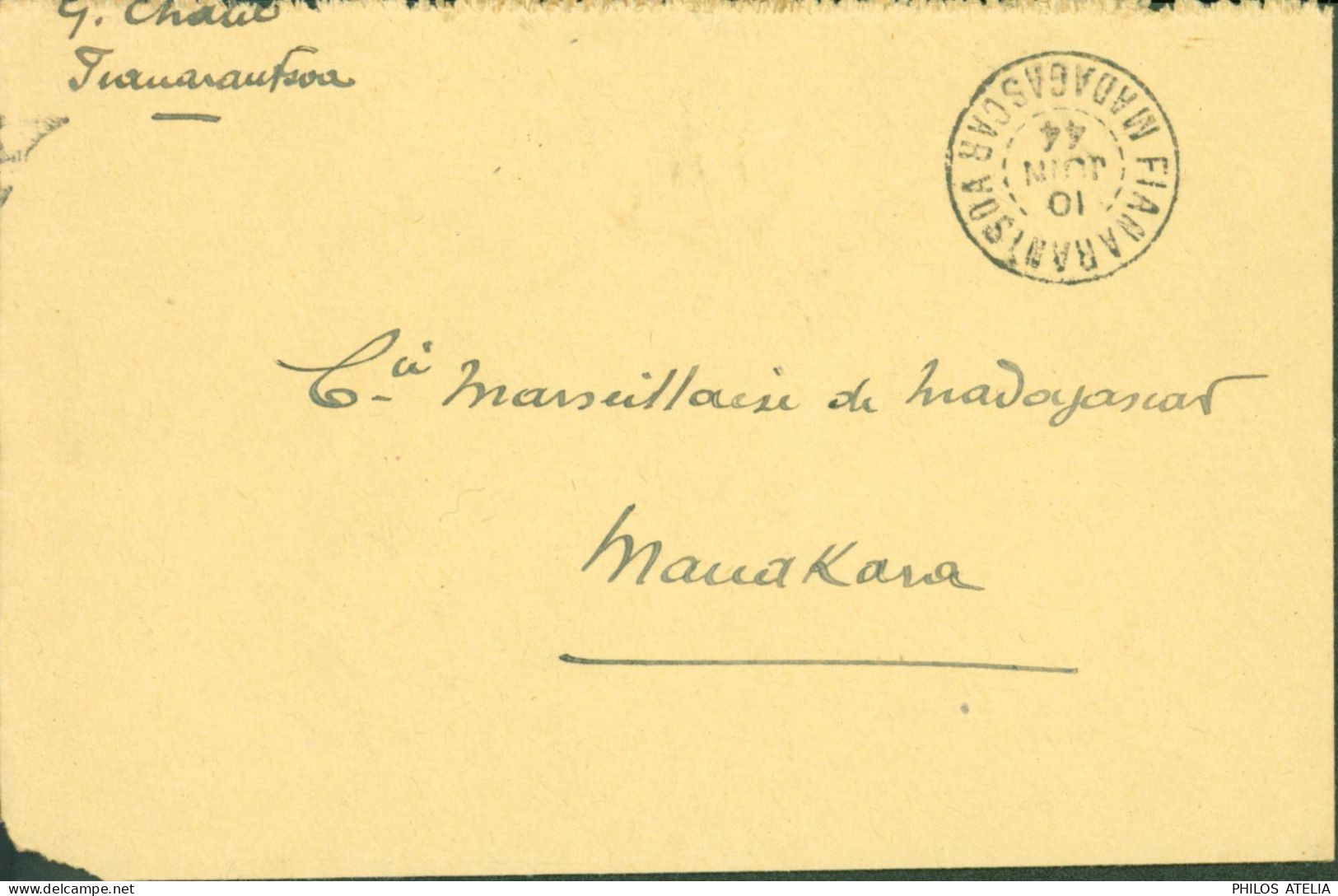 Guerre 40 Madagascar YT N°249 Surchargé France Libre CAD Fianarantsoa 10 JUIN 44 Arrivée Manakara - Covers & Documents