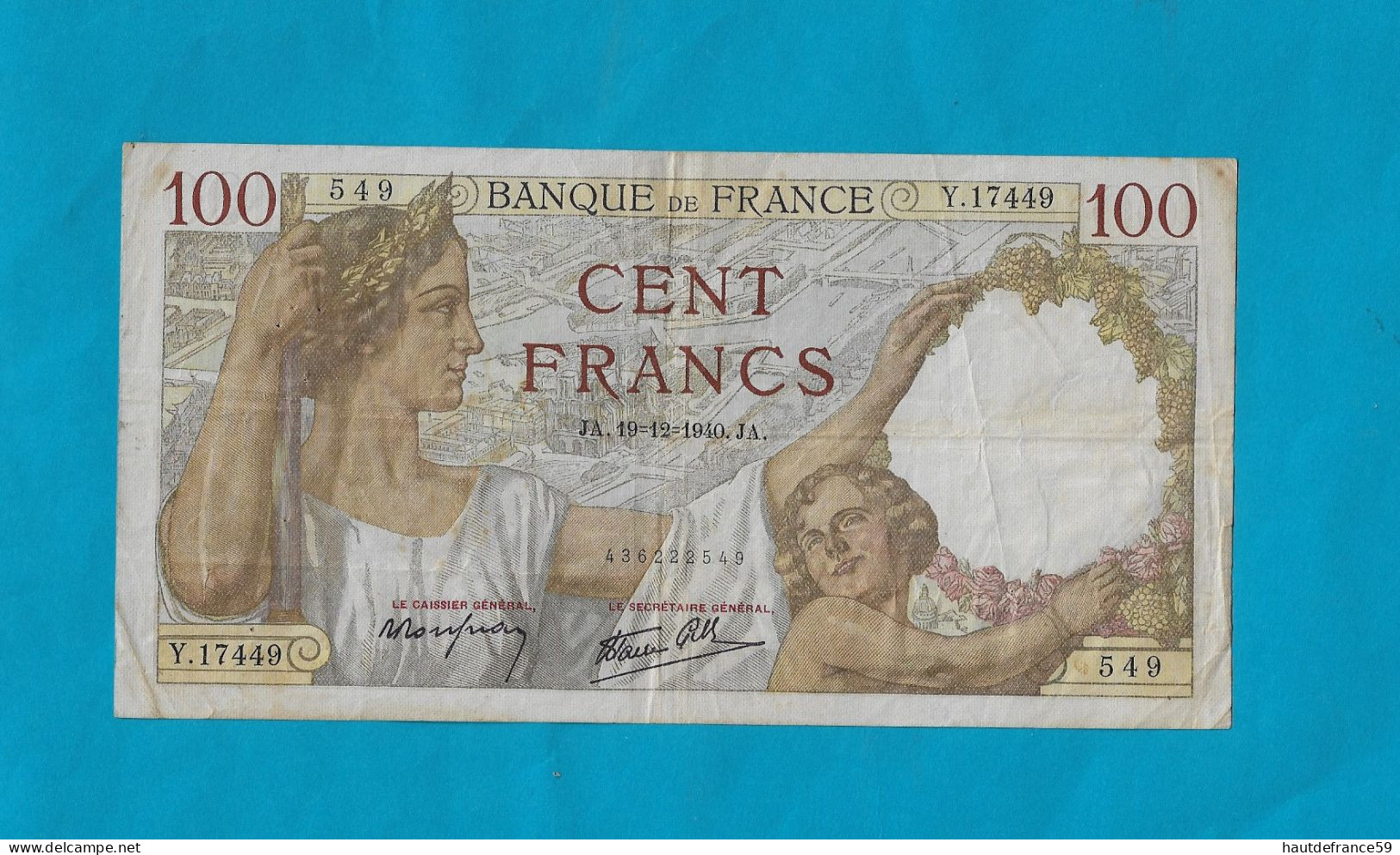 Billet De BANQUE De FRANCE 100 FRANCS SULLY , JA 19-12-1940 - JA  --------   Y.17449      549 -          92x180mm - 100 F 1939-1942 ''Sully''