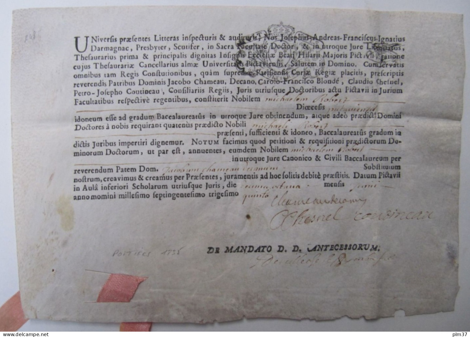 Académie De POITIERS, 1735 - Diplôme De Bachelier - Diplômes & Bulletins Scolaires