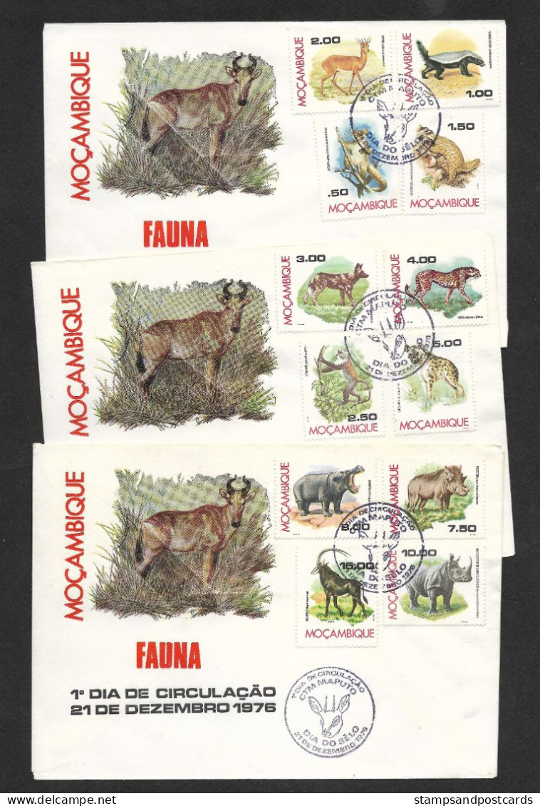 Mozambique 3 FDC Faune 1976 Moçambique Fauna Rhinocéros Hippopotame Gibier Singe Guépard Rhino Hippo Monkey Cheetah - Rhinoceros