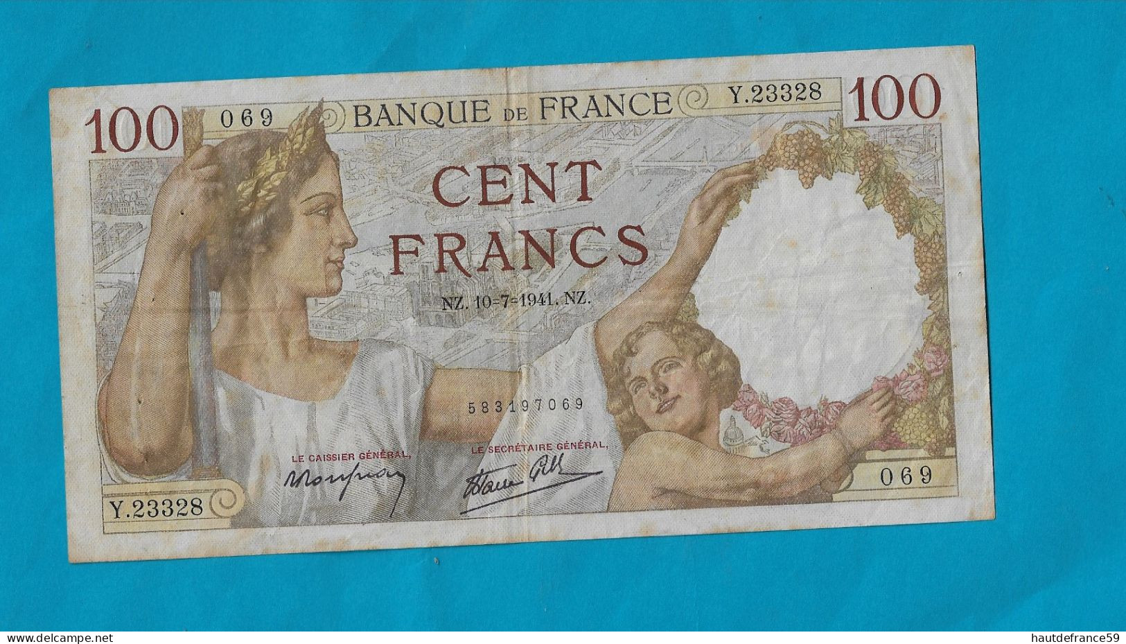 Billet De BANQUE De FRANCE 100 FRANCS SULLY ,  NZ 10 7 1941    NZ --------   Y.23328      069 -          92x180mm - 100 F 1939-1942 ''Sully''