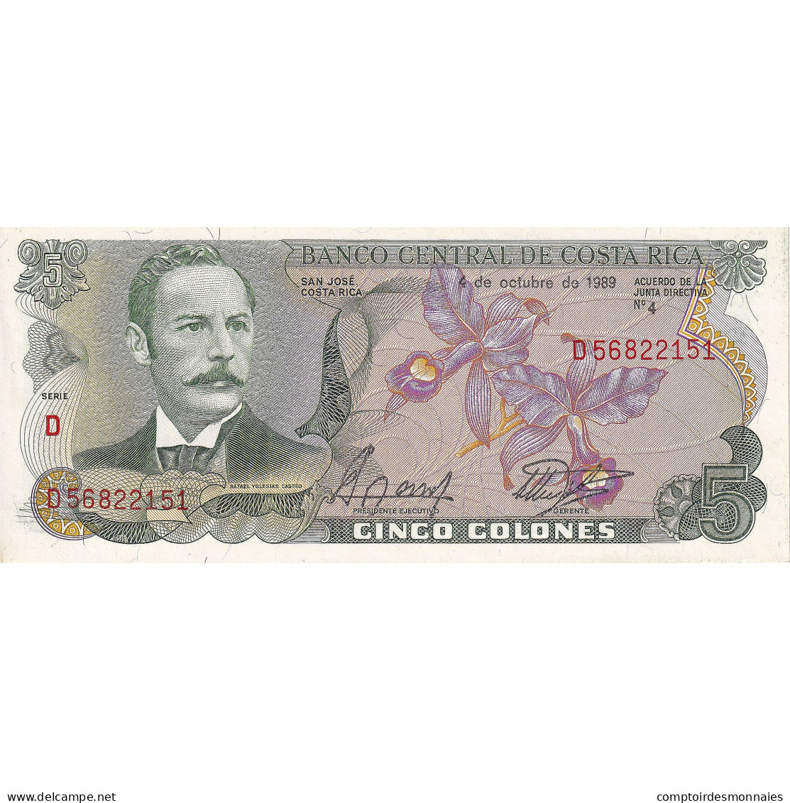 Billet, Costa Rica, 5 Colones, 1989, 1989-10-04, KM:236d, NEUF - Costa Rica