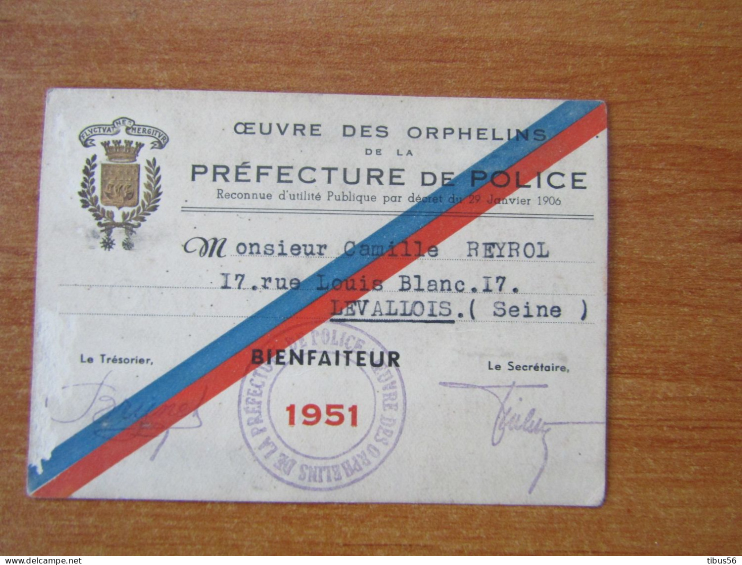 LEVALLOIS PERRET 92 CARTE AVEC EN TÊTE PRÉFECTURE DE POLICE OEUVRE DES ORPHELINS BIENFAITEUR 1951 - Policia