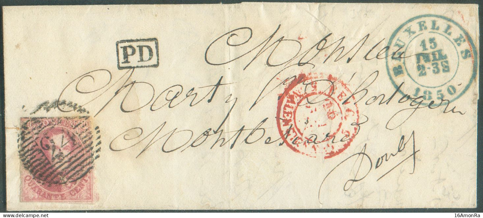 N°5 - Médaillon 40 Centimes Carmin-rose, Bien Margé, Obl. P.24 Sur Lettre De BRUXELLES Le 15 Juillet 1850 Vers Montbélia - 1849-1850 Medaillen (3/5)