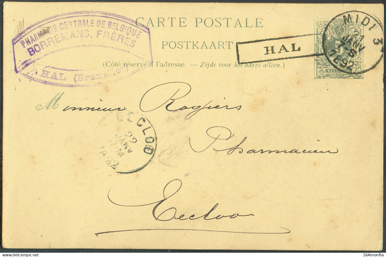 E.P. Carte 5 Cent. (type N°45) Obl. Sc Ambulant MIDI 3 21 JANV. 1892 + Griffe HAL Vers Eecloo. - TB - 21744 - Ambulants