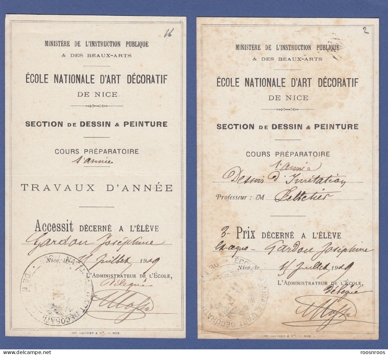 LOT DE 2 ETIQUETTES DE REMISE DE PRIX - ECOLE NATIONALE D'ART DECORATIF DE NICE -1909 - Diplômes & Bulletins Scolaires