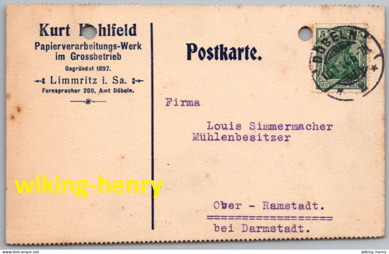 Döbeln Limmritz - Firmenkarte Papierverarbeitungswerk Kurt Hohlfeld - Druckerei Und Papierwarenfabrik - Döbeln