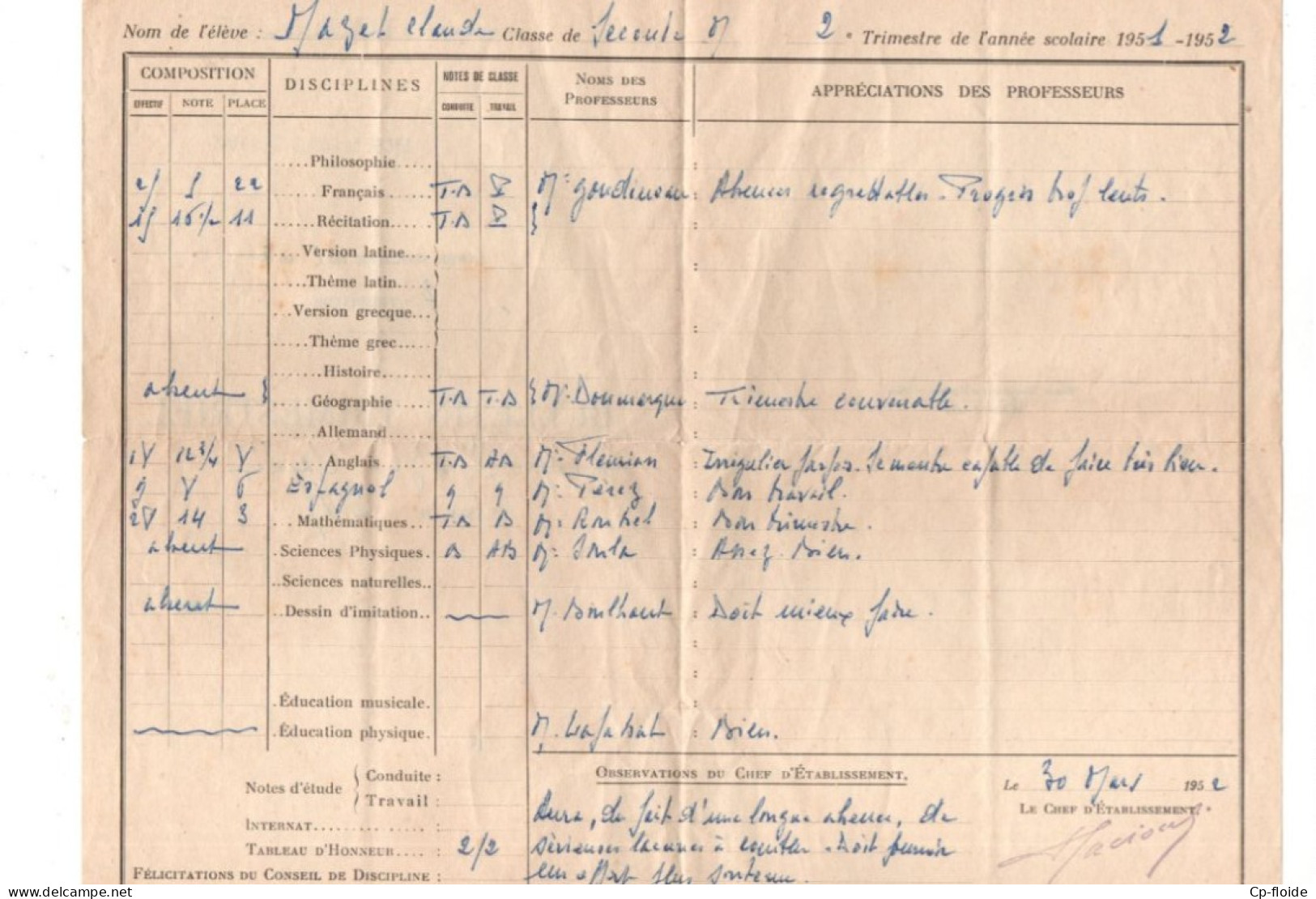 BULLETIN TRIMESTRIEL .ACADÉMIE DE TOULOUSE . LYCÉE DE GARÇON DE FOIX . MAZET CLAUDE . CLASSE DE SECONDE - Réf. N°37949 - - Diplômes & Bulletins Scolaires