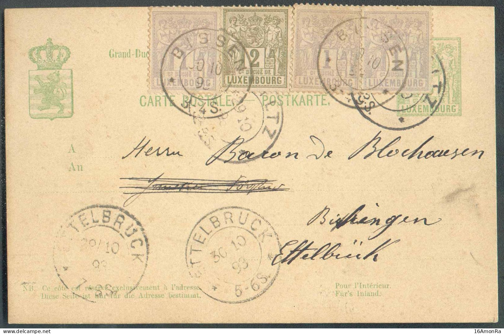 E.P. Carte 5c. Allégorie, Obl. Dc WILTZ Du 29-10-1893 Vers Bissen, Via ETTELBRUCK (dc 29/10/93), Biffé Et Renvoi Avec Ra - 1882 Allégorie