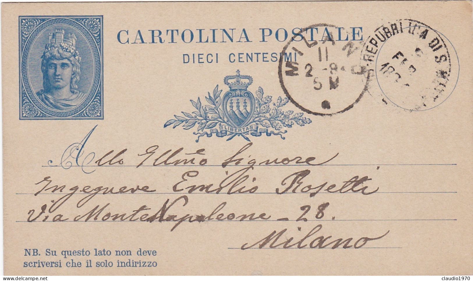 SAN MARINO - CARTOLINA POSTALE . 10 - VIAGGIATA PER MILANO - 1882 - Interi Postali