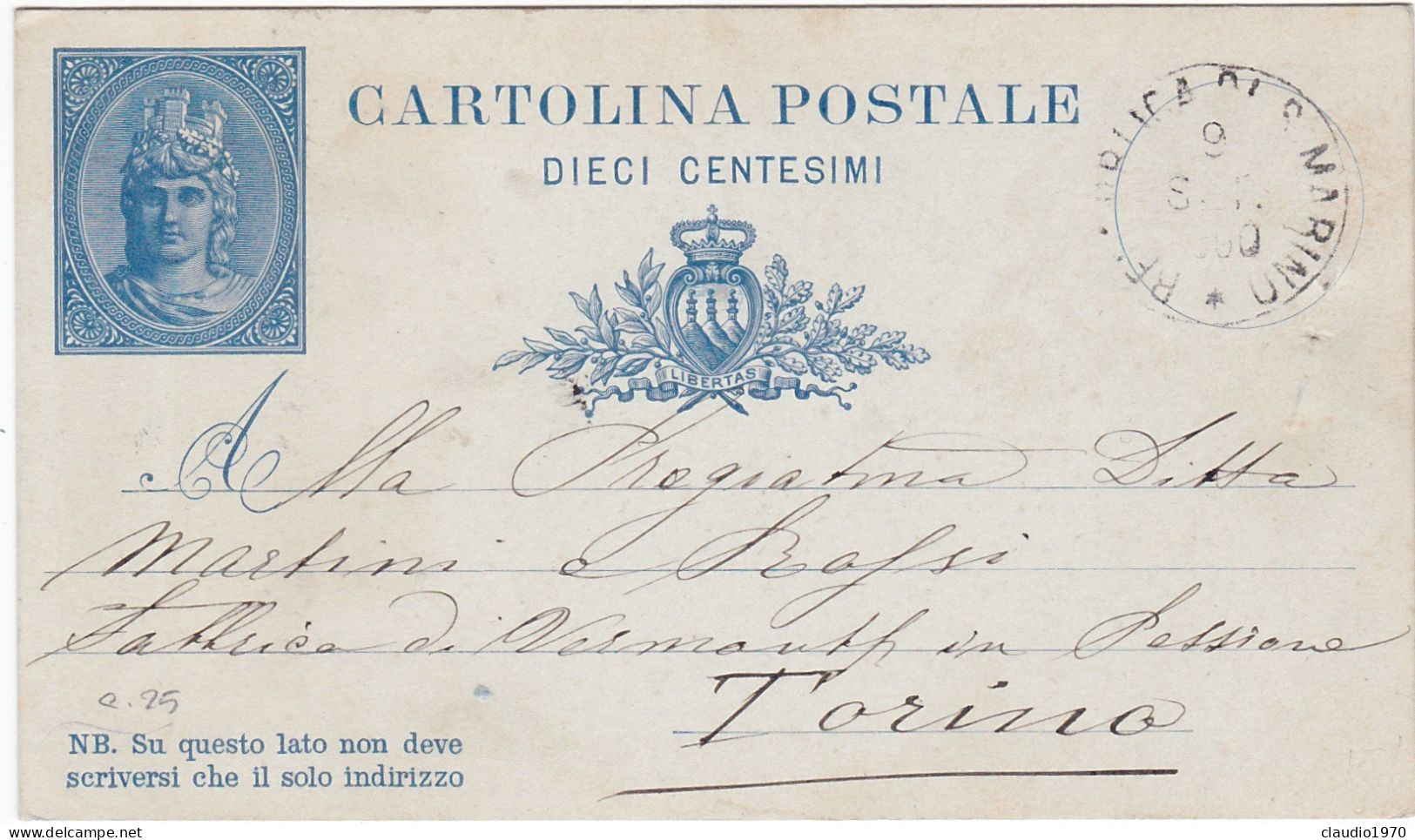 SAN MARINO - CARTOLINA POSTALE . 10 - VIAGGIATA PER TORINO - 1890 - Enteros Postales