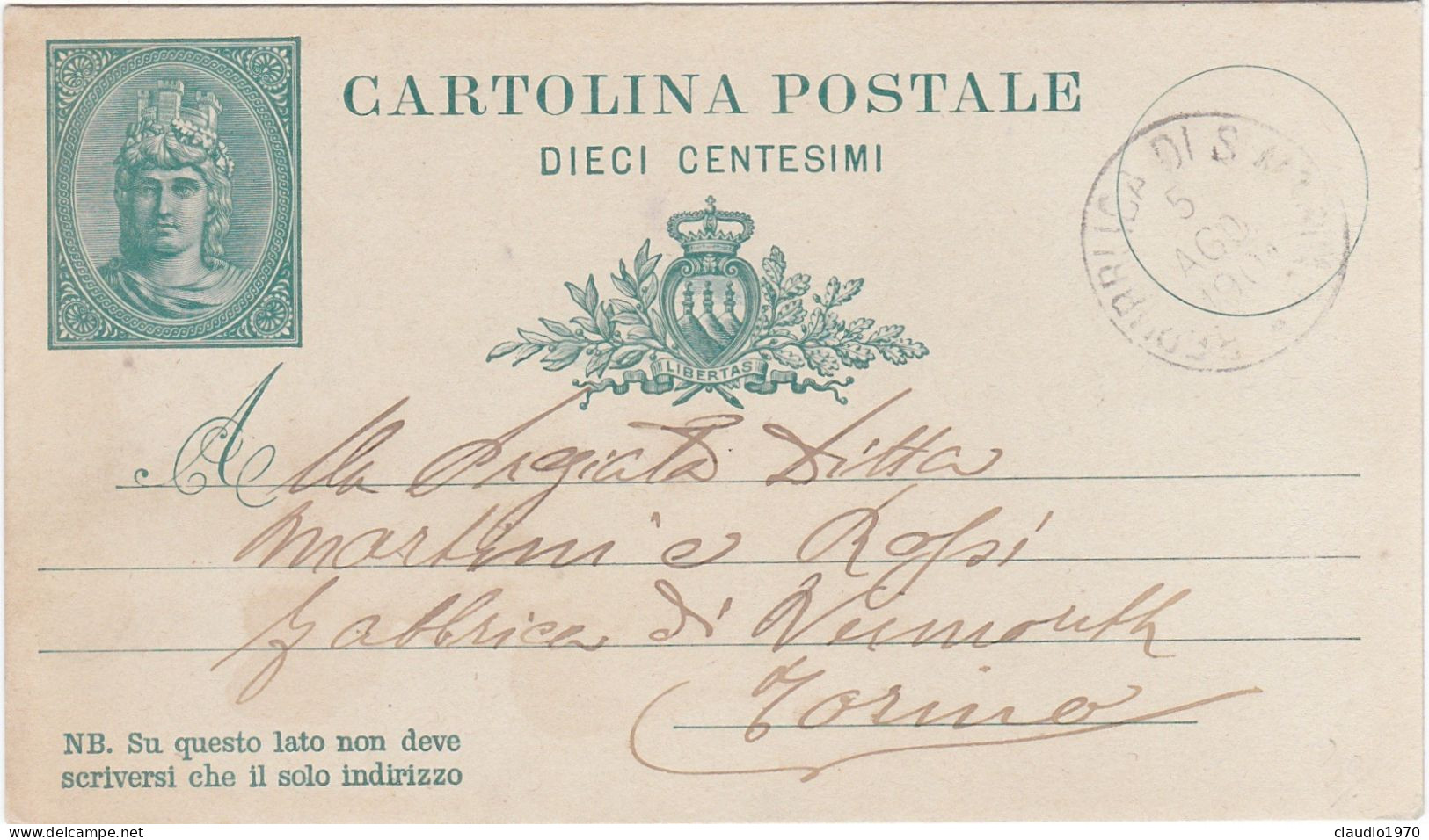 SAN MARINO - CARTOLINA POSTALE . 10 - VIAGGIATA PER TORINO - 1901 - Postal Stationery