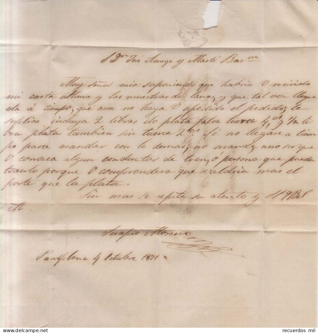 Año 1870 Edifil 107 Alegoria Carta Matasellos Rombo Pamplona Serapio Moreno - Cartas & Documentos