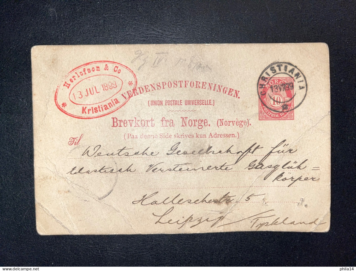 ENTIER POSTAL NORVEGE / CHRISTIANIA 1899 POUR LIEPZIG - Cartas & Documentos