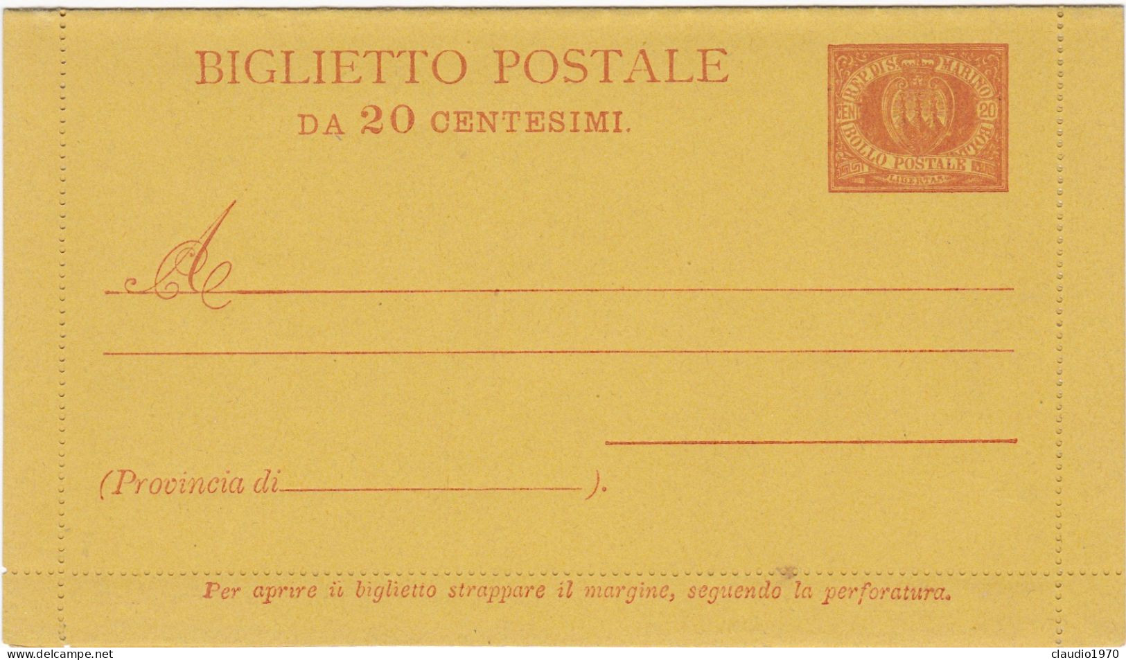 SAN MARINO - BIGLIETTO POSTALE . 20  STEMMA - 1890 - Interi Postali