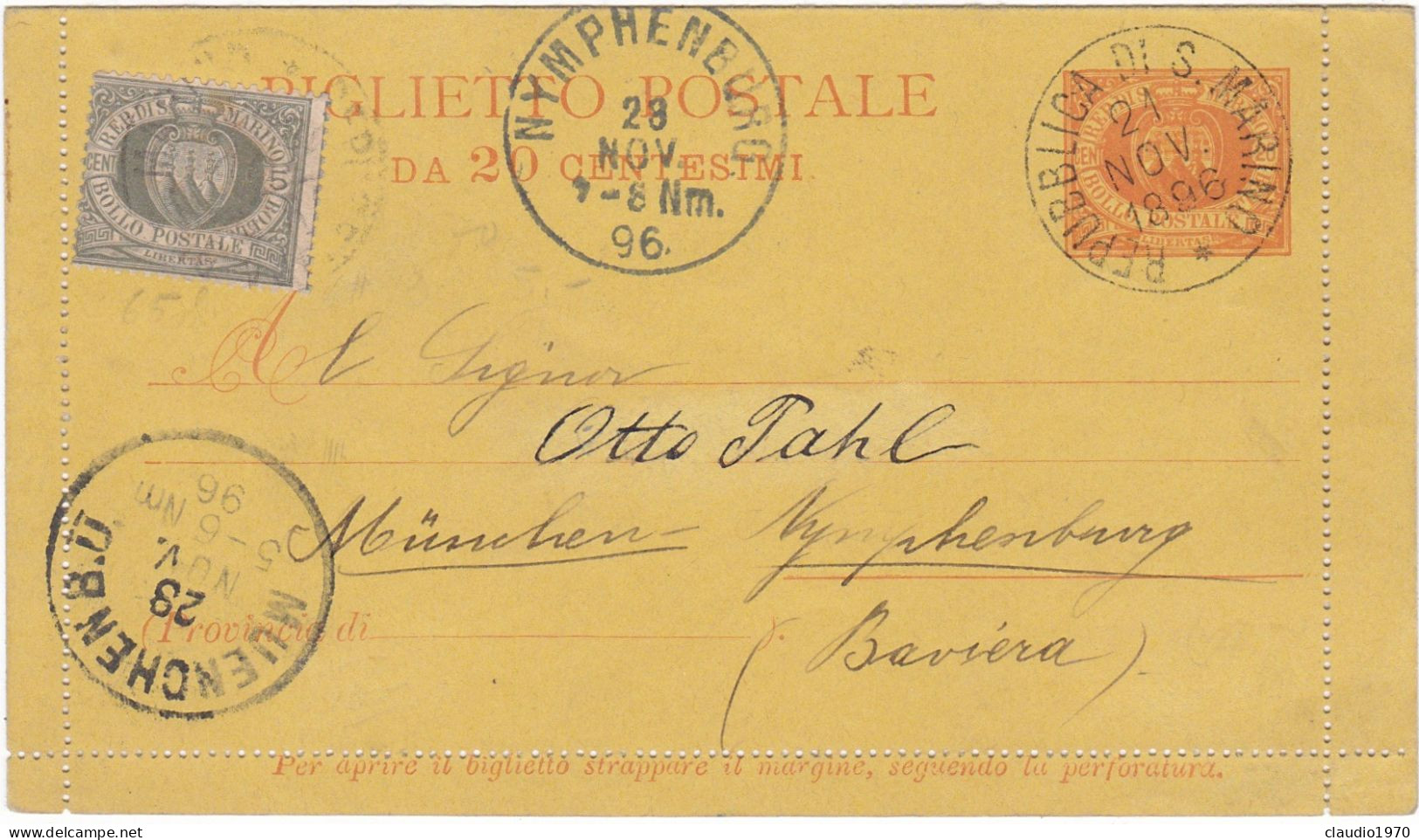 SAN MARINO - BIGLIETTO POSTALE . 20  STEMMA - VIAGGIATO PER MUENCHEN - GERMANIA -1896 - Postwaardestukken