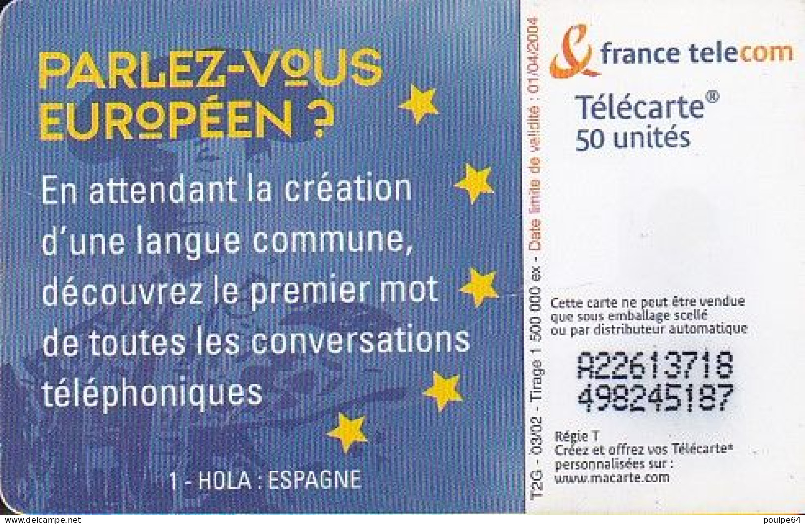 F1196G  03/2002 - PARLEZ-VOUS EUROPÉEN ? ESPAGNE - 50 SO3 - 2002