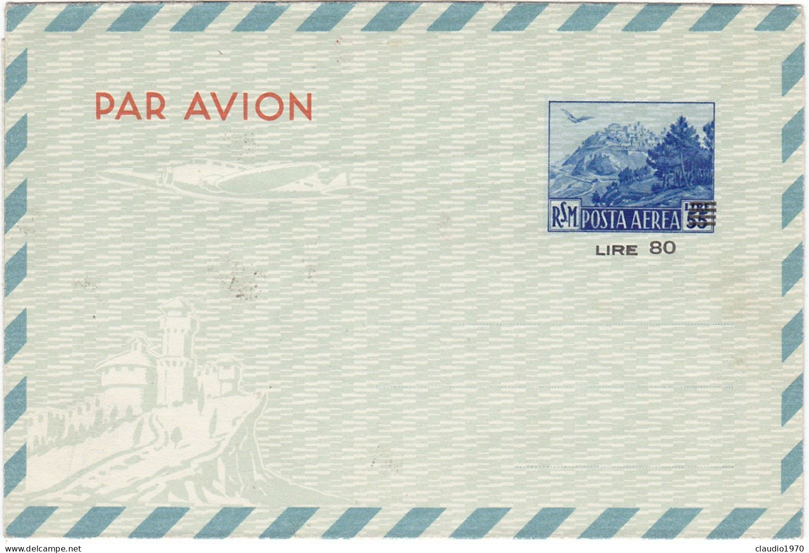 SAN MARINO - AEROGRAMMA - POSTA AEREA L.80/55 -1951 - Entiers Postaux