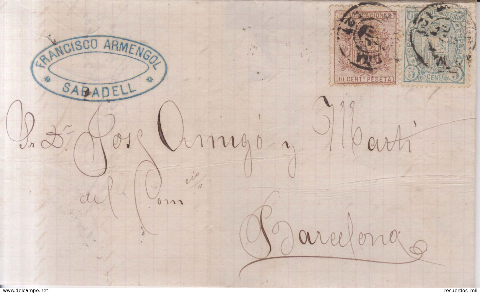 Año 1875 Edifil 153-154 Carta  Matasellos Sabadell Barcelona Membrete Francisco Armengol - Lettres & Documents