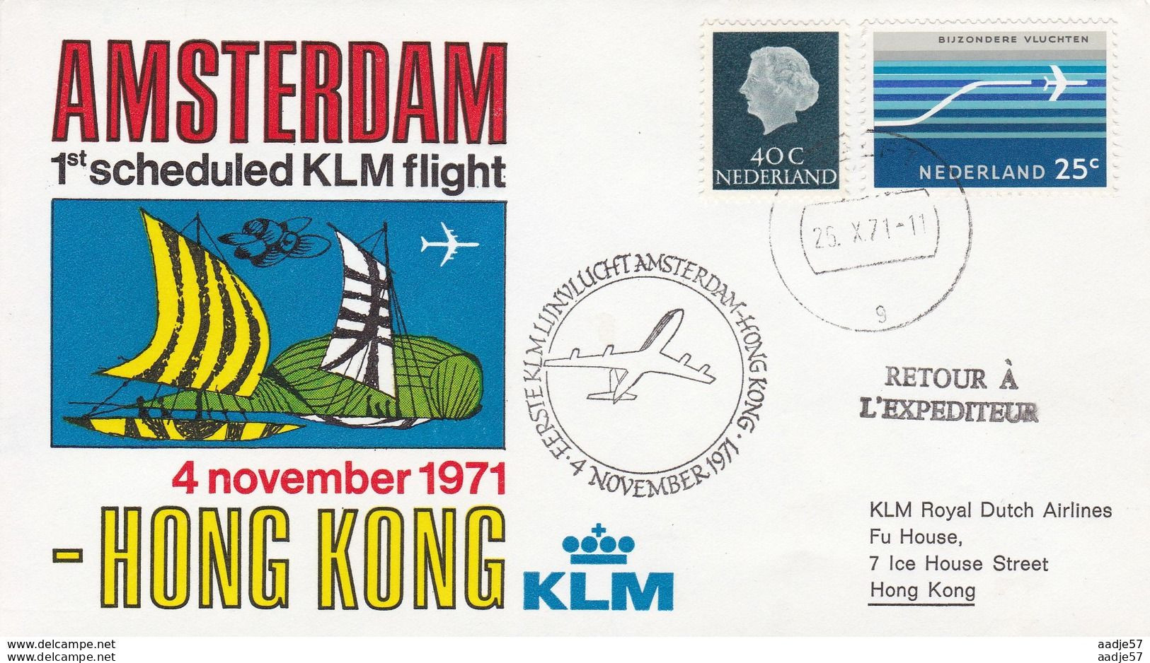 Netherlands Pays Bas Spec Cover 1st Scheduled KLM Flight 04.11.1971 Hong Kong - Other & Unclassified