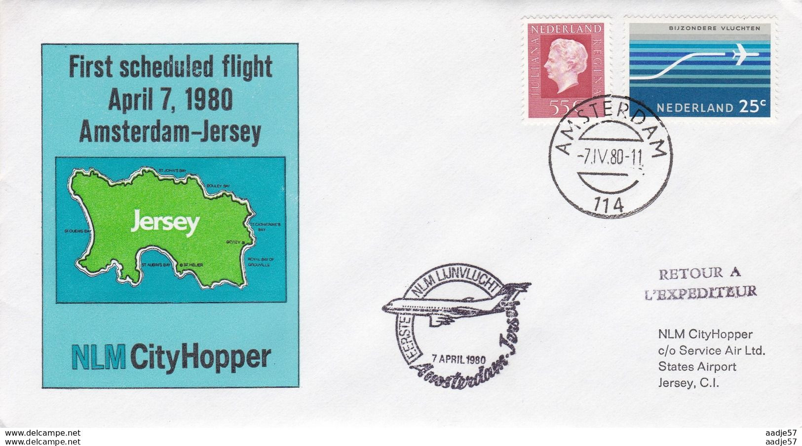 Netherlands Pays Bas Spec Cover 1 Flight Amsterdam -Jersey NLM City Hopper 1980 - Other & Unclassified