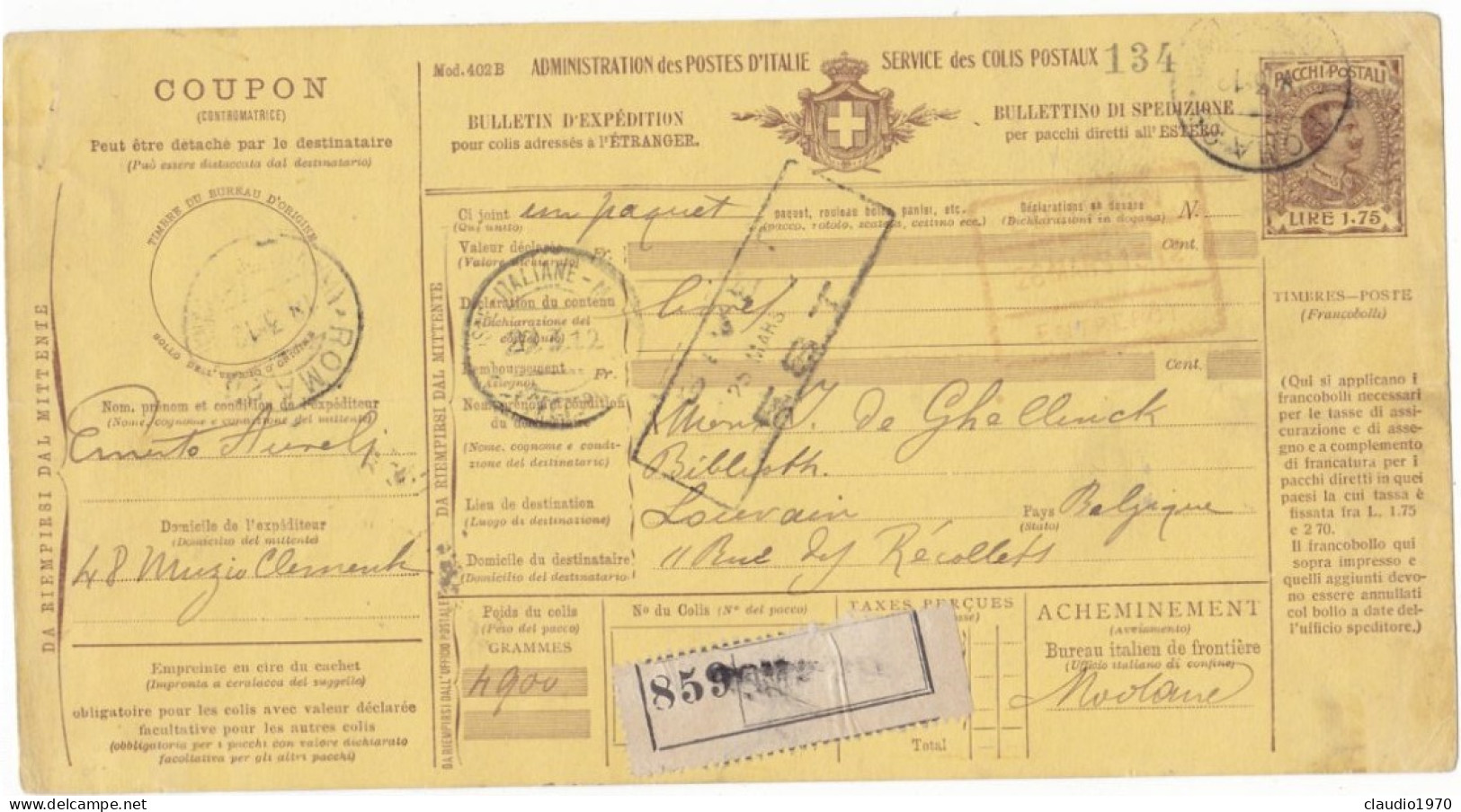 ITALIA - REGNO -  ROMA  - BOLLETTINI PACCHI POSTALE L.1,75 - VIAGGIATO PER MODANE - FRANCIA - 1912  - P. 21 - Postal Parcels