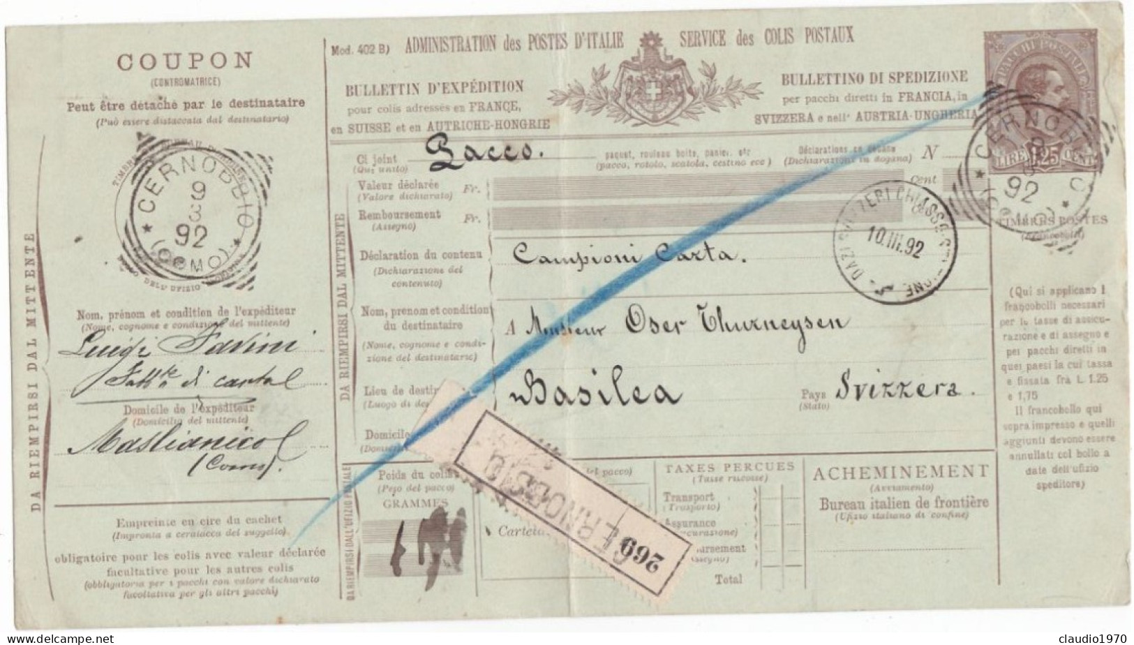 ITALIA - REGNO - CERNOBBIO (COMO) - BOLLETTINI PACCHI POSTALE L.1,25 - VIAGGIATO PER CHIASSO - SVIZZERA - 1892  - P. 9 - Postal Parcels