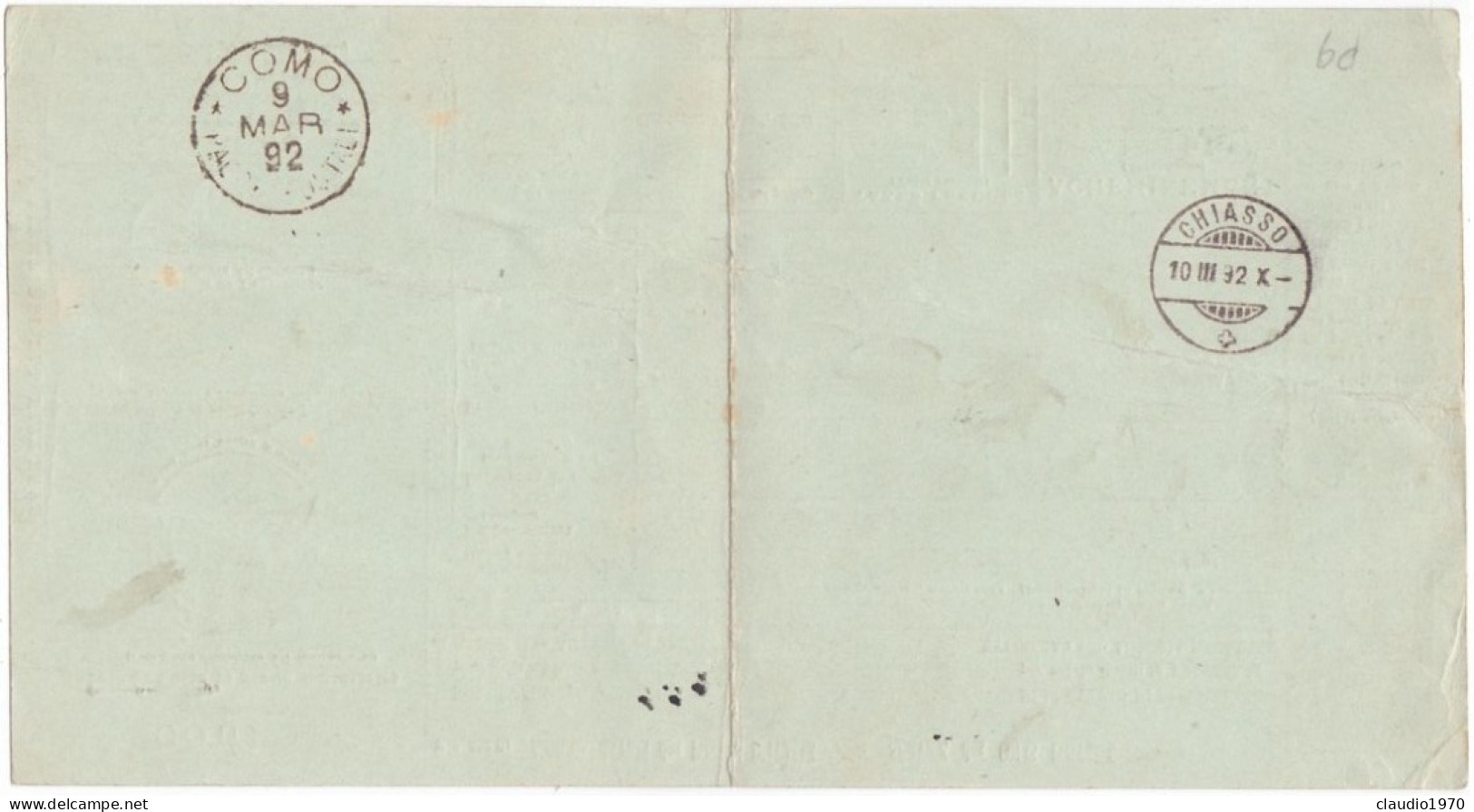 ITALIA - REGNO - CERNOBBIO (COMO) - BOLLETTINI PACCHI POSTALE L.1,25 - VIAGGIATO PER CHIASSO - SVIZZERA - 1892  - P. 9 - Colis-postaux