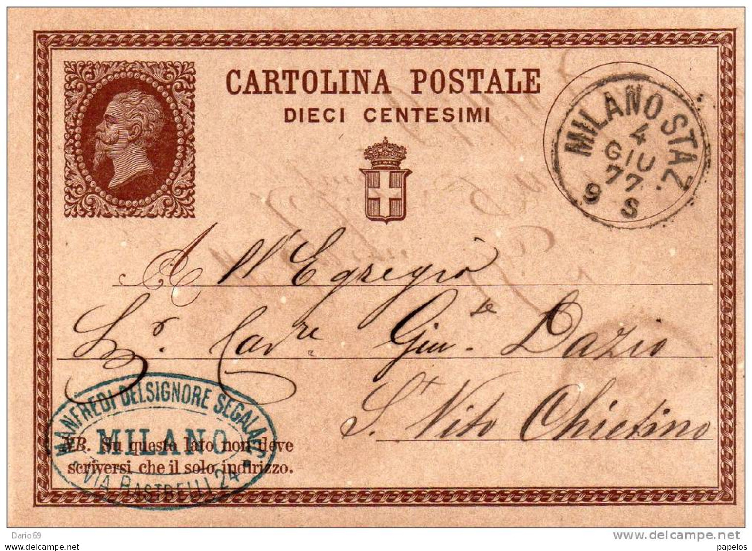 1877  CARTOLINA CON ANNULLO MILANO STAZ. - Stamped Stationery