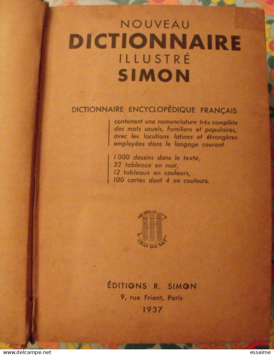 Nouveau Dictionnaire Illustré Simon. 1937. 100 Dessins 12 Tableaux Couleurs 100 Cartes - Dictionnaires