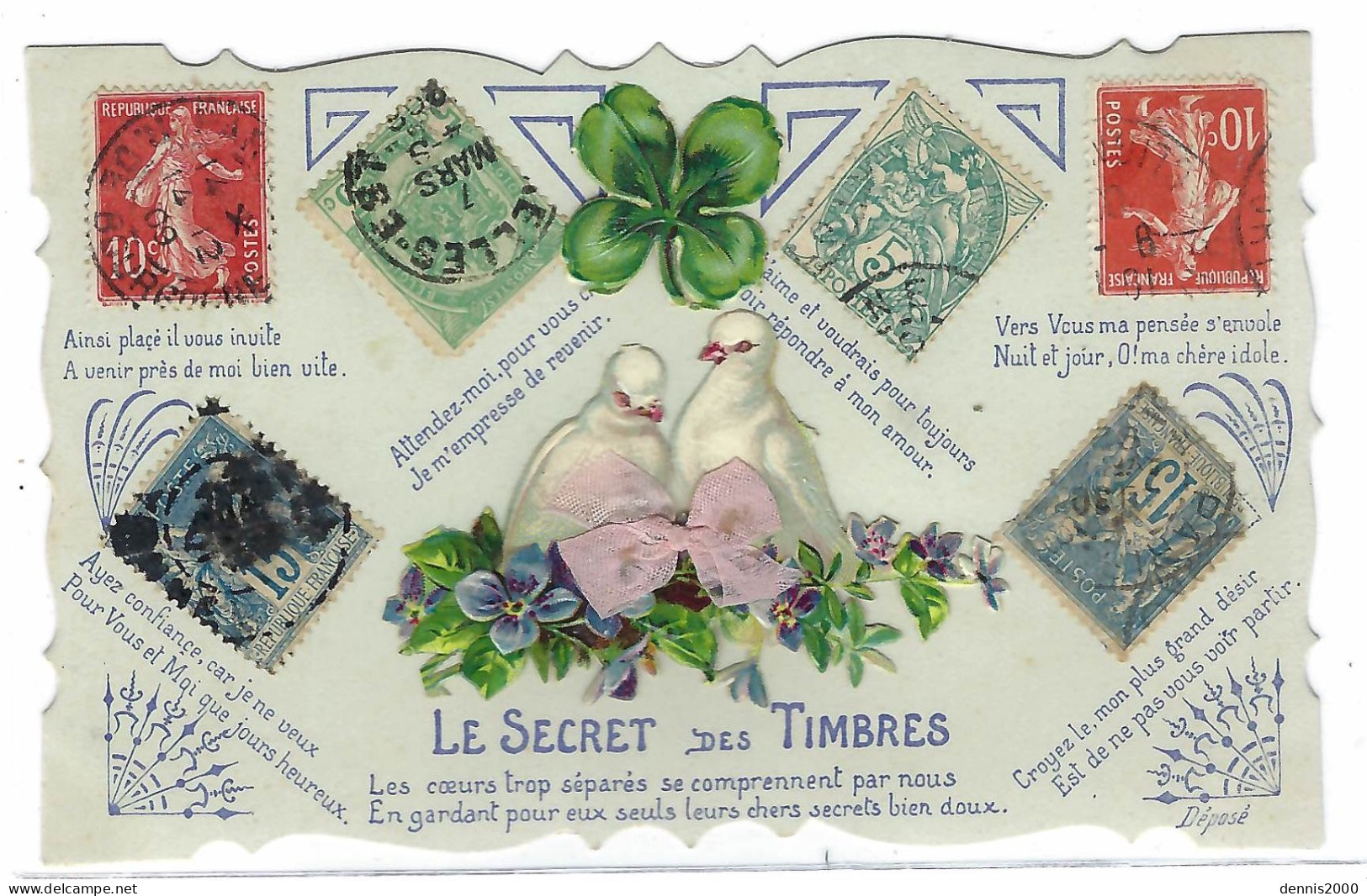 Carte Fantaisie - LE SECRET DES TIMBRES - Timbcres Collés - TRÈFLE A QUATRE FEUILLES - COLOMBE - Timbres (représentations)