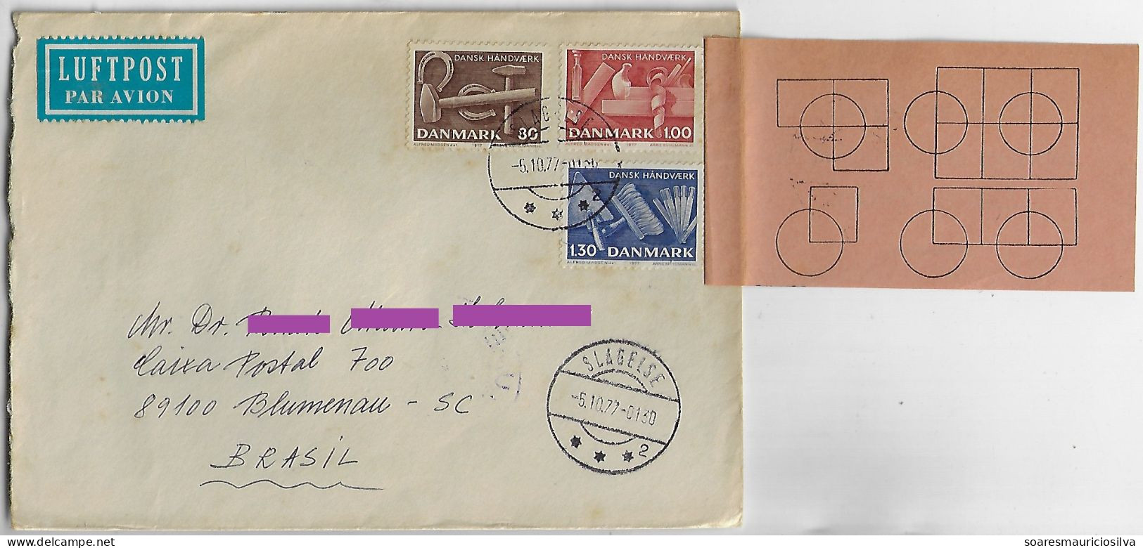 Denmark 1977 Airmail Cover Sent From Slagelse To Blumenau Brazil 3 Stamp Complete Series Crafts - Lettres & Documents