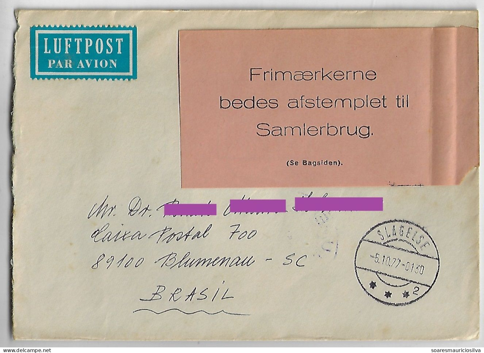 Denmark 1977 Airmail Cover Sent From Slagelse To Blumenau Brazil 3 Stamp Complete Series Crafts - Brieven En Documenten