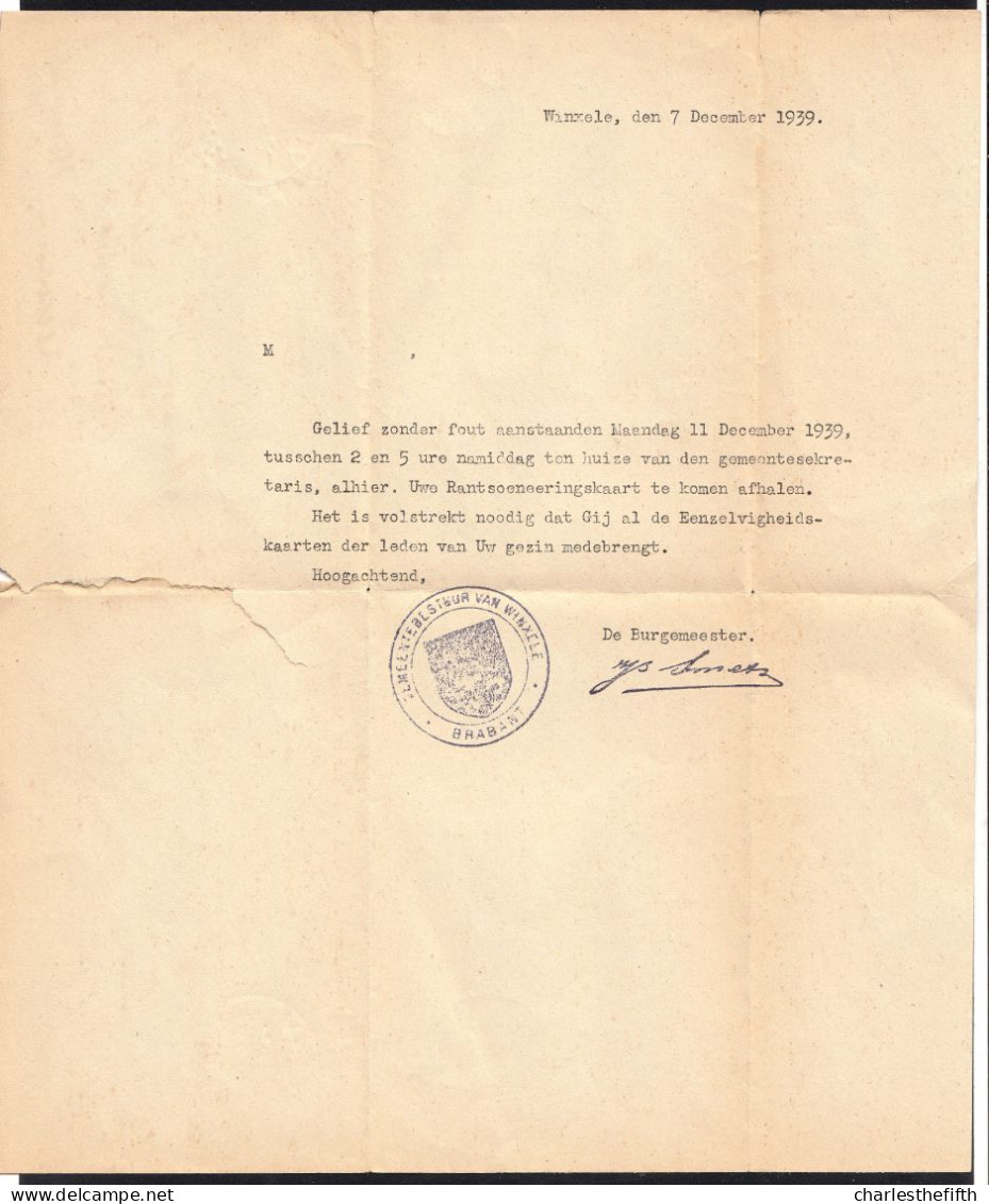 LETTRE Avec FLAMME * GEMEENTEBESTUUR WINXELE ( Winksele ) En PUNTSTEMPEL VELTEM 1939 Met Handtekening BURGEMEESTER RRRRR - Vlagstempels