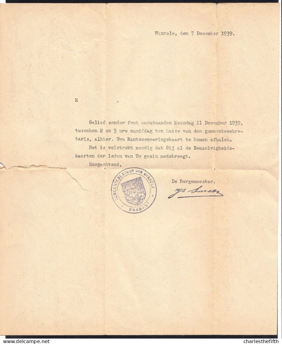 LETTRE Avec FLAMME * GEMEENTEBESTUUR WINXELE ( Winksele ) En PUNTSTEMPEL VELTEM 1939 Met Handtekening BURGEMEESTER RRRRR - Sellados Mecánicos