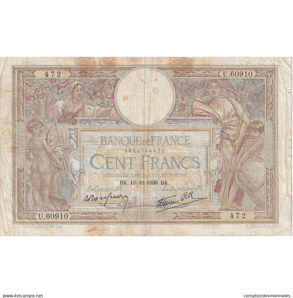 France, 100 Francs, 1938, U.60910, TB, Fayette:25.31, KM:86b - 100 F 1908-1939 ''Luc Olivier Merson''